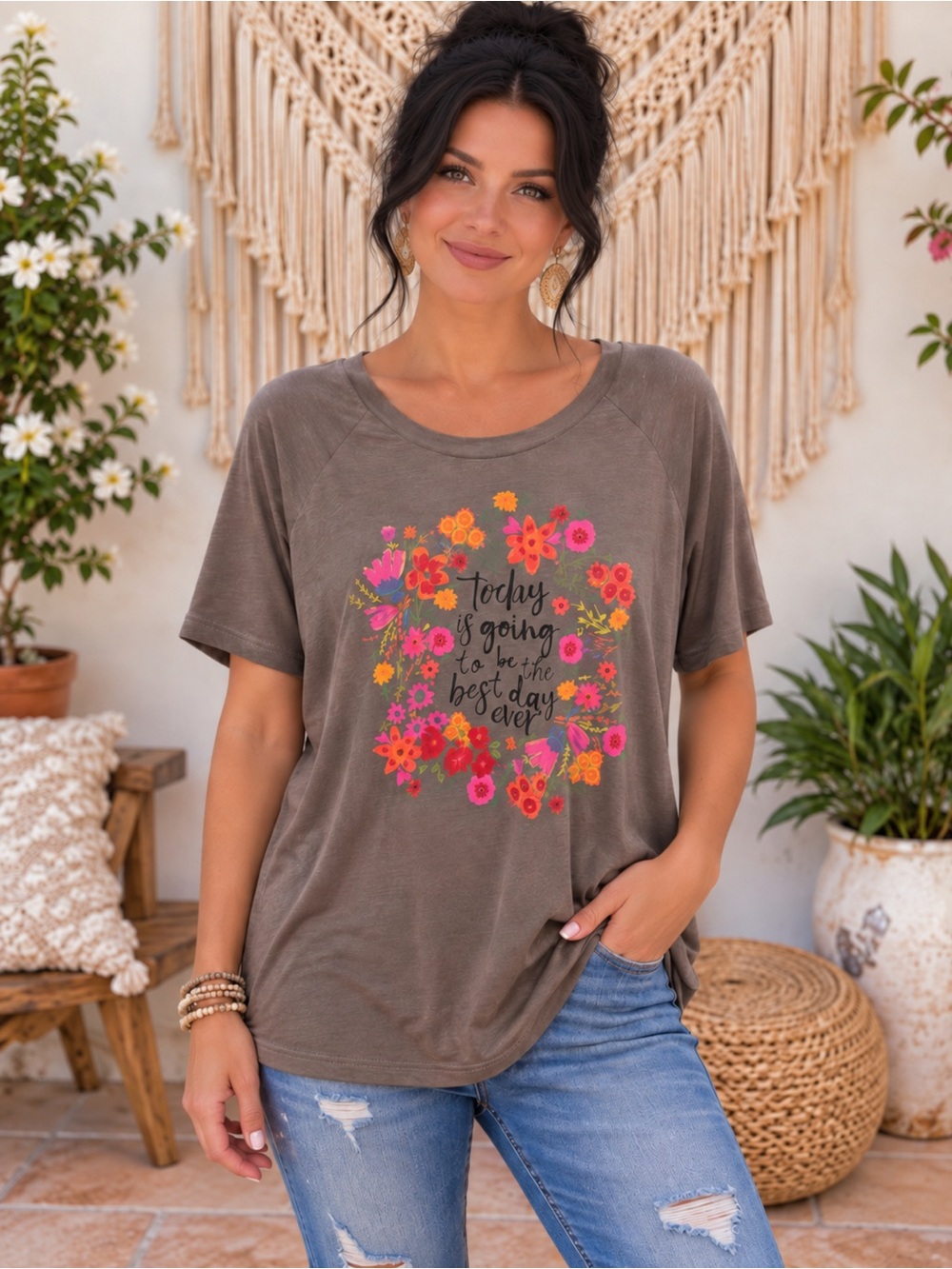 NWT NATURAL LIFE Short Sleeve Tee with Pink & Orange Floral Wreath Size XL